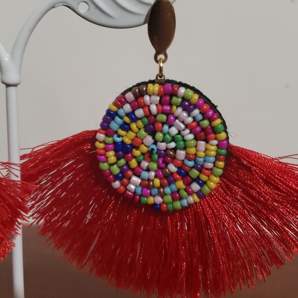 Handmade Fan Shape Tassel Earrings - Picture 4 of 8